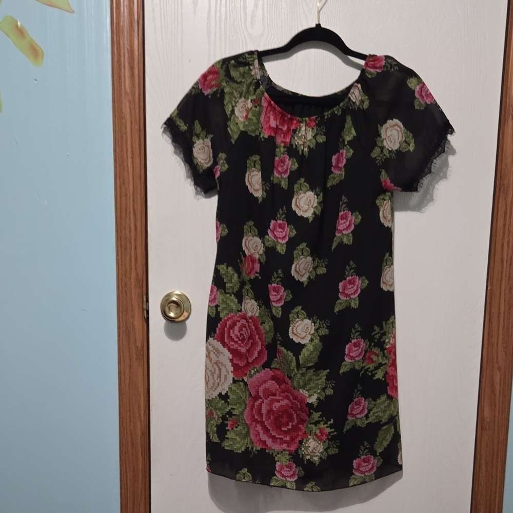 Floral Black Dress with Pink and Green Accents